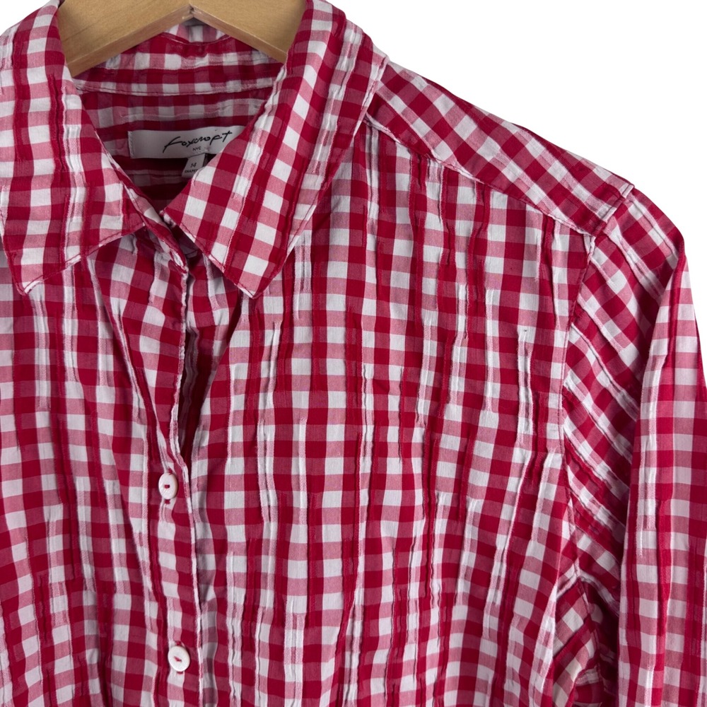 Foxcroft Gingham Button Up Shirt Womens 14 Red White 3/4 Sleeve Textured Shaped